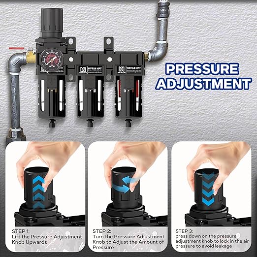 NEWPO 1/2" 3 Stage Air Drying System,Air Dryer for Compressor,Compressed Air Filter Regulator for Spray Guns,Regulator Combo 5＆0.5&0.01 Micron Filter Cartridge,Semi-Auto Drain, Metal Bracket