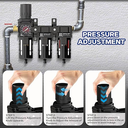 NEWPO 1/2" 3 Stage Air Drying System,Air Dryer for Compressor,Compressed Air Filter Regulator for Spray Guns,Regulator Combo 5＆0.5&0.01 Micron Filter Cartridge,Semi-Auto Drain, Metal Bracket