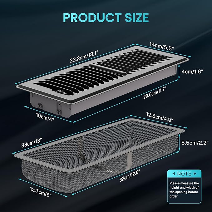 Floor Register 4 x 12 Inch, HG Power 1 Pack Heavy Duty Floor Vent Covers for Home with Screen Net, Adjust Metal Rust Proof Finish Air Vent for Kitchen, Heat, Office(Grey)