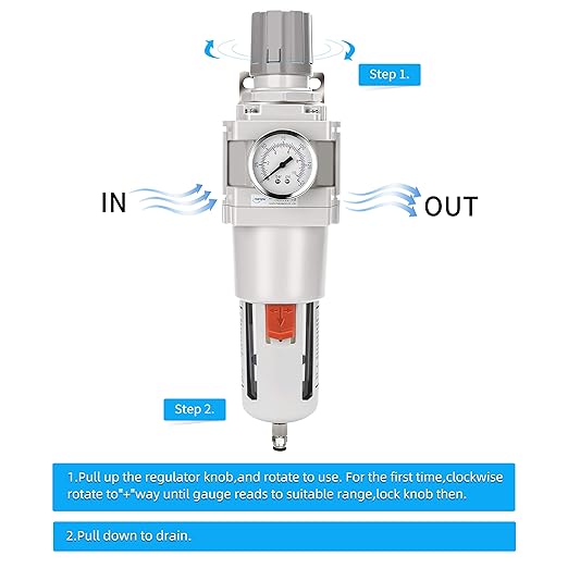 NANPU 1" NPT Compressed Air Filter Regulator Combo Piggyback, 5 Micron Brass Element, Poly Bowl, Semi-Auto Drain, Metal Bracket, 0-150 psi Gauge