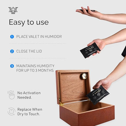 Valet 72% Two-Way Humidity Packs for Wood Containers, 12-Pack, 60g Each, Humidifier Pack Prevents Leaks and Controls Moisture with Natural Craft Paper Design