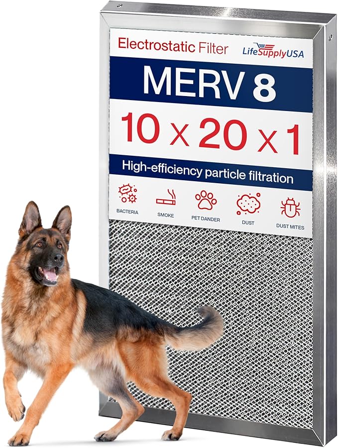 10x20x1 Electrostatic Air Filter, MERV 8, Washable, Reusable Furnace AC/HVAC Filter, Energy Saving, Easy to Clean, Long-Lasting by LifeSupplyUSA