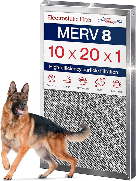 10x20x1 Electrostatic Air Filter, MERV 8, Washable, Reusable Furnace AC/HVAC Filter, Energy Saving, Easy to Clean, Long-Lasting by LifeSupplyUSA