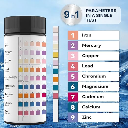 9 Way Heavy Metals Water Test Strips, 100ct Home Water Testing Kit for Iron, Mercury, Copper, Lead, Chromium, Magnesium, Cadmium, Calcium,Zinc