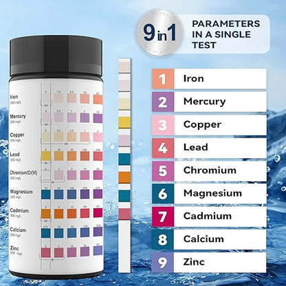 9 Way Heavy Metals Water Test Strips, 100ct Home Water Testing Kit for Iron, Mercury, Copper, Lead, Chromium, Magnesium, Cadmium, Calcium,Zinc