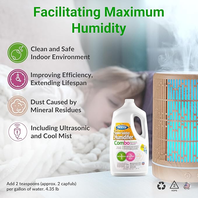 Bacteriostatic Humidifier Water Treatment– Extend Filter Life Eliminate Odors & Prevent Bacterial Growth – Compatible with All Cool Mist & Warm Mist Humidifiers – 64 oz Easy Pour Bottle (2 pack)