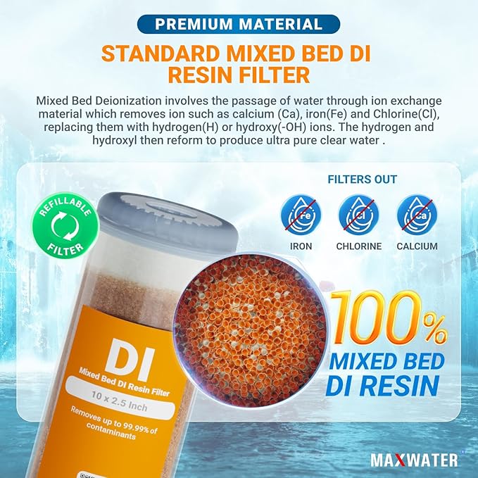 2-Pack Refillable Mixed Bed DI Resin Filter Cartridge Fits wide style 3.15" openings standard 10" size WH Filter Housings and Systems, Car Wash, Window Cleaning, Aquarium