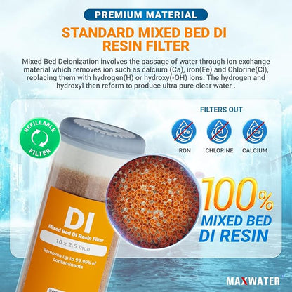 2-Pack Refillable Mixed Bed DI Resin Filter Cartridge Fits wide style 3.15" openings standard 10" size WH Filter Housings and Systems, Car Wash, Window Cleaning, Aquarium