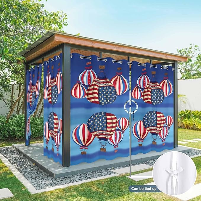 Independence Day Waterproof Outdoor Curtains for Patio, Windproof Weatherproof Curtains with Weighted Hem, Hot Air Balloon Patriotic Star Light Filtering Privacy Drapes for Porch 54"x 84" 2 Panels