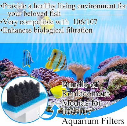 6 Pcs Aquarium Filters Bio Sponge Sets Compatible with fluval 106/107, Including 2 Blue 2 White 2 Black Bio Sponge for Replacement Filter Media Kit