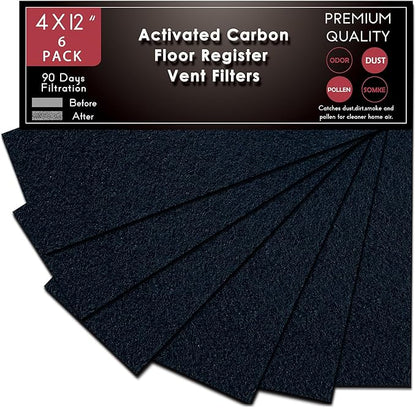 Carbon Filter 4" x 12" Activated Charcoal Air Vent Floor Heater Pre-Filter Sheet Work in Home Air Purifier, Register, Ceiling 4 x 12 Inch 6-Pack (Black) Hoctsom
