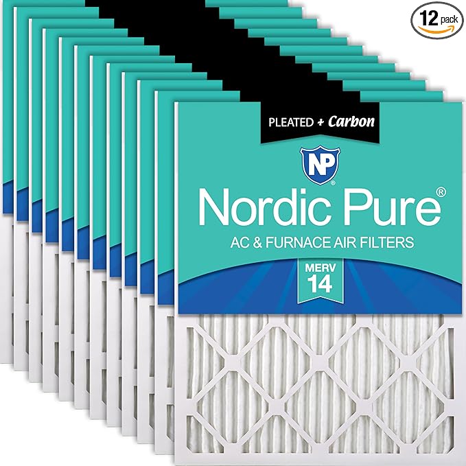 Nordic Pure 18x18x1 (Actual Size: 17 3/4 x 17 3/4 x 3/4) Pleated Air Filters MERV 14 Plus Carbon 12 Pack