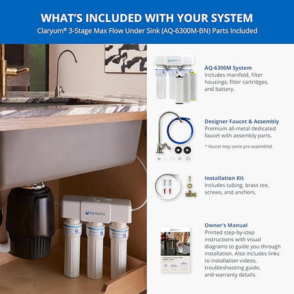 Aquasana Under Sink Water Filter | 3-Stage Max Flow Claryum Filtration | WQA Certified to Reduce PFAS, Lead & Chlorine | Under Counter Drinking Water Filter | Brushed Nickel Faucet | AQ-6300M-BN