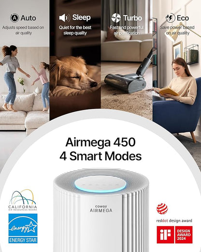 COWAY Air Purifier for Large Room Whole Home Up to 3,285 ft², HEPA Filter for Smoke, Allergen, Pet Dander, Odor, PM(1, 2.5, 10), AQI, Turbo Eco Mode, Energy Star, 3yr Warranty, Airmega 450 White