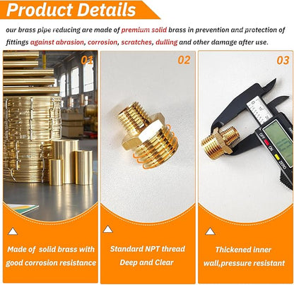 2pcs 1/2" NPT x 1/4" NPT Brass Nipple, 1/2 to 1/4 Adapter Fitting Reducing Solid Hex Brass Nipple, 1/2 Male to 1/2 Male Reducer Pipe Fittings for Extending and Connecting Pipes