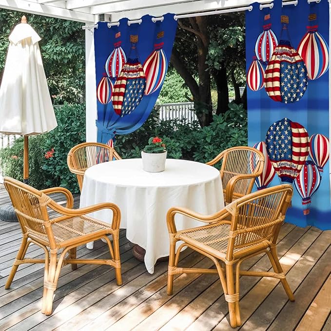 Independence Day Waterproof Outdoor Curtains for Patio, Windproof Weatherproof Curtains with Weighted Hem, Hot Air Balloon Patriotic Star Light Filtering Privacy Drapes for Porch 54"x 84" 2 Panels