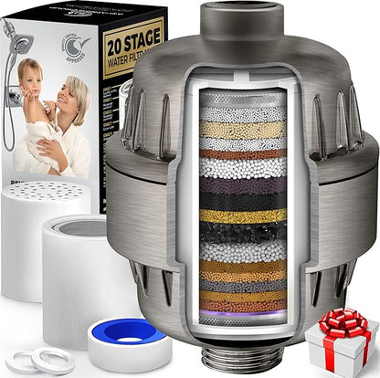 AquaHomeGroup 20 Stage Shower Head Filter with Vitamin C E A for Hard Water - High Output Filter to Remove Chlorine and Fluoride - 2 Replacement Cartridges - Consistent Flow Showerhead Filter