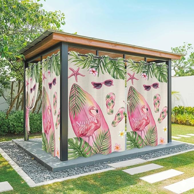 Summer Flamingbirds Outdoor Curtains for Patio Palm Leaves Plumeria Linen Waterproof Outside Curtains with Grommet Top Weatherproof Curtain for Cabana Pergola Gazebo, 2 Pack, 54" W x 84" L
