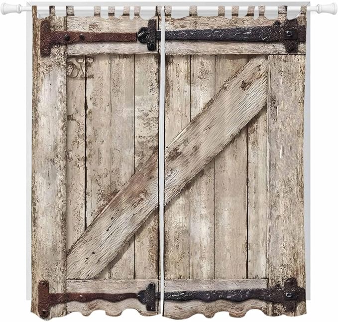 Farmhouse Wood Grain Living Room Curtains 96 Inch Length, Window Curtains Tab Top, Vintage Country Barn Gate Brown Light Filtering Window Treatments Drapes 52"x96" 2 Panel