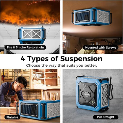 ALORAIR Hanging 270° Intake Air Filtration Systems Woodworking Remote Control, 2 Stage Air Flow(780/1080CFM) Strong Vortex Fan, Ceiling Mounted Dust Collector for Garage, Work Shop, Purecare 1080