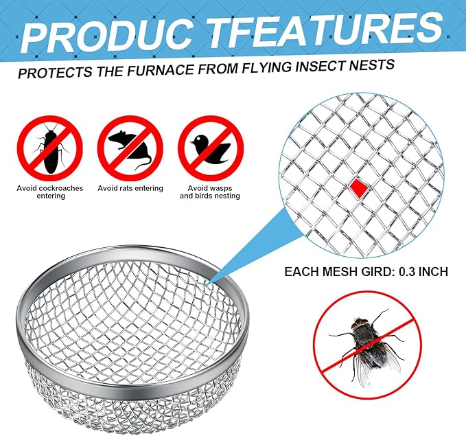 TOODOO 4 Pack RV Furnace Vent Cover, RV Flying Insect Screen for RV Water Heater Vent Cover (8.5 x 6 Inch)(4.5 x 4.5 Inch) (2.8 Inch) Stainless Steel Mesh with Installation Tool