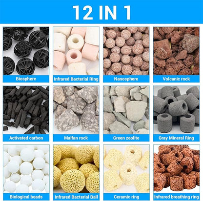 Segarty Filter Media,12 in 1 Bio Media for Aquarium Sump Filter Ceramic Rings Activated Carbon Bio Balls Freshwater Marine Biological Filter Media for Koi Fish Tank Pond Canister (2.2lb with Mesh Bag)