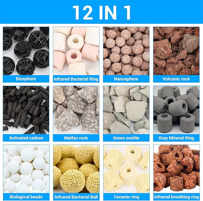 Segarty Filter Media,12 in 1 Bio Media for Aquarium Sump Filter Ceramic Rings Activated Carbon Bio Balls Freshwater Marine Biological Filter Media for Koi Fish Tank Pond Canister (1.1lb with Mesh Bag)