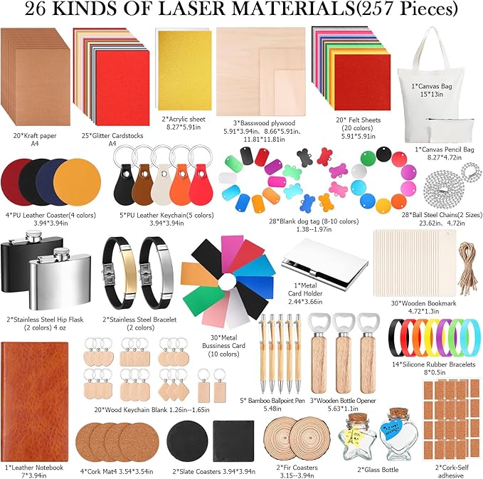 Dunzoom 257 Pcs Laser Material Kit Laser Engraving Materials Including Acrylic, Metal, Wood, Fabric, PU Leather, Glass, Rock, Rubber Materials for Laser Engravers and Laser Cutters