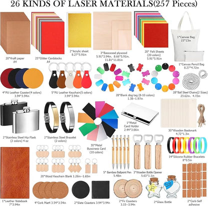 Dunzoom 257 Pcs Laser Material Kit Laser Engraving Materials Including Acrylic, Metal, Wood, Fabric, PU Leather, Glass, Rock, Rubber Materials for Laser Engravers and Laser Cutters