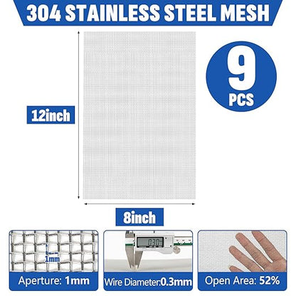 9 Pack 304 Stainless Steel Mesh Screen, 8'' x 12'' 20 Mesh Wire Screen Mesh, Rust Free Woven Wire Mesh, Metal Mesh Screen for Air Vents, Window Screen, Filters, Garden Covers