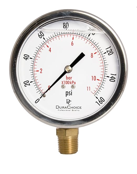 4" Oil Filled Pressure Gauge - Stainless Steel Case, Brass, 1/2" NPT, Lower Mount Connection, 0-160PSI