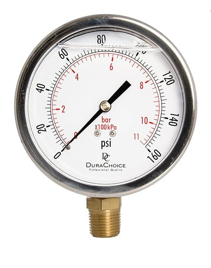 4" Oil Filled Pressure Gauge - Stainless Steel Case, Brass, 1/2" NPT, Lower Mount Connection, 0-160PSI