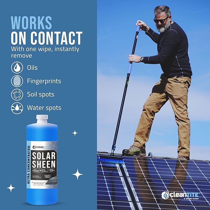 Solar Panel Cleaner Solar Sheen (Makes 128 Gallons) - Super Concentrated Glass & Solar Panel Cleaning, Remove Oils, Fingerprints & Water Spots - (32 oz)