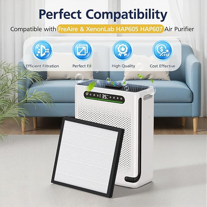 HAP605 Air Purifier Replacement Filters for FreAire HAP605 HAP607 and for XenonLab HAP605 HAP607 Air Purifier, 3-in-1 HAP607 Efficient Air Filter with Activated Carbon for Home, 2-Pack