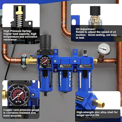 NEWPO 1/2'' NPT Compressed Air Filter Regulator Lubricator Combo with Pressure Gauge,Brass Filter and Desiccant Dryers,Semi-Auto Drain, Metal Bracket-Blue