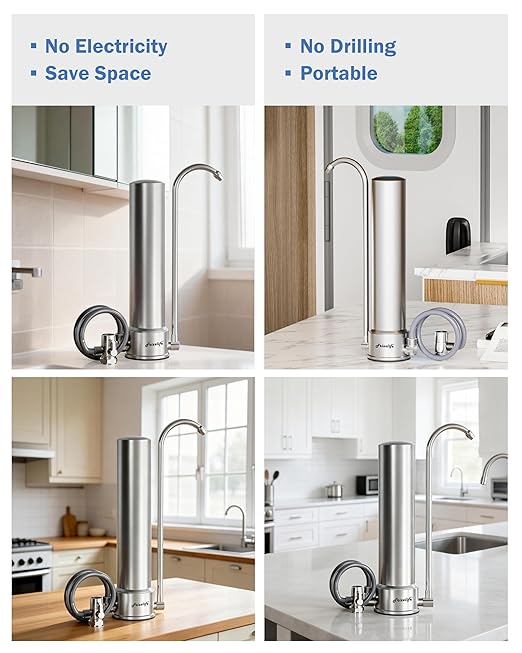 Frizzlife SS99 Countertop Water Filter System, NSF 42&372 Certified 6-Stage Stainless Steel Water Filter for Sink Faucet Reduces 99.99% Lead, Chlorine, Heavy Metals, 8000 Gallons (1 Filter)