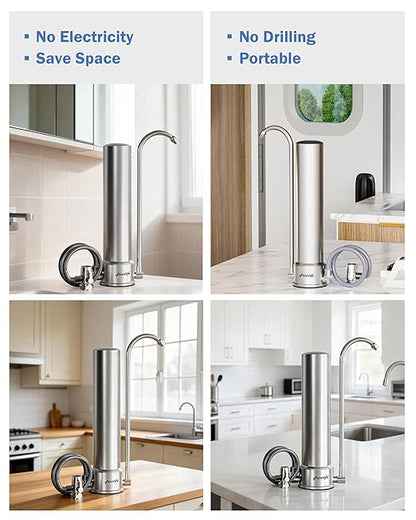 Frizzlife SS99 Countertop Water Filter System, NSF 42&372 Certified 6-Stage Stainless Steel Water Filter for Sink Faucet Reduces 99.99% Lead, Chlorine, Heavy Metals, 8000 Gallons (1 Filter)