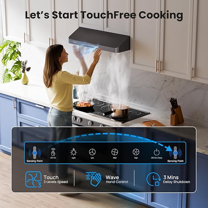 Range Hood 30 inch Under Cabinet, VIKIO HOME Hood Vents for Kitchen, Vent Hoods 30 inches with 980 CFM, 3 Speed Gesture Sensing, Teflon Coating, Non-stick and Easy to Clean, Black