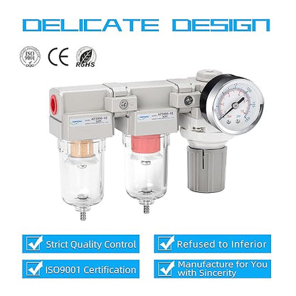 NANPU 1/4" NPT Air Drying System - 5 Micron Particulate Filter, 0.01 Micron Coalescing Filter, Air Pressure Regulator Combo - Semi-Auto Drain, Poly Bowl w/Metal Gauge