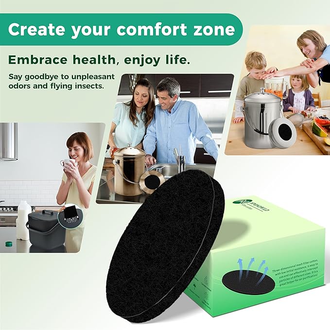 Fiber Cotton Activated Charcoal Compost Filters -7 Pack 4.5 Inch Square Odor Control Replacement for Kitchen Compost Bins, Countertop Compost Bin and Compost Bucket