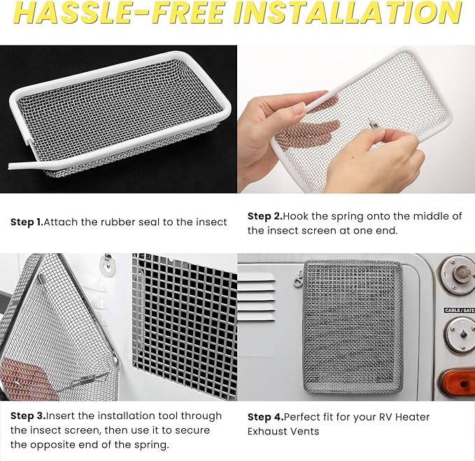 SheeChung RV Furnace Vent Screen, Flying Insect Screen Water Heater Cover for Camper, 7.5 x 4.1 x 1.3 Inch and RV Water Filter with Brass 90 Degree Hose Elbow and Flexible Hose Protector
