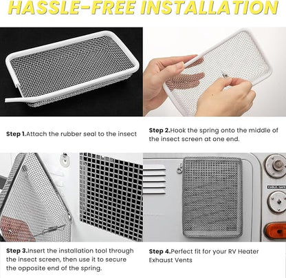 SheeChung RV Furnace Vent Screen, Flying Insect Screen Water Heater Cover for Camper, 7.5 x 4.1 x 1.3 Inch and RV Water Filter with Brass 90 Degree Hose Elbow and Flexible Hose Protector