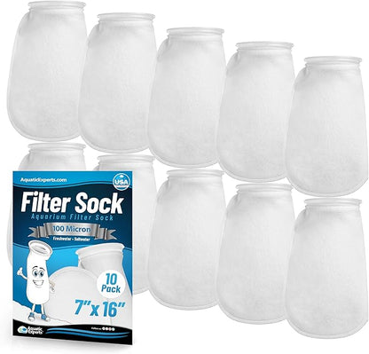 Aquatic Experts 7 Inch Filter Sock - 100 Micron Felt Filter Sock, Filter Socks for Saltwater Aquarium, Fish Tank Sump Filter Sock, Freshwater Aquarium Socks, Reef Filter Sock (7"x16", 10 Pack)