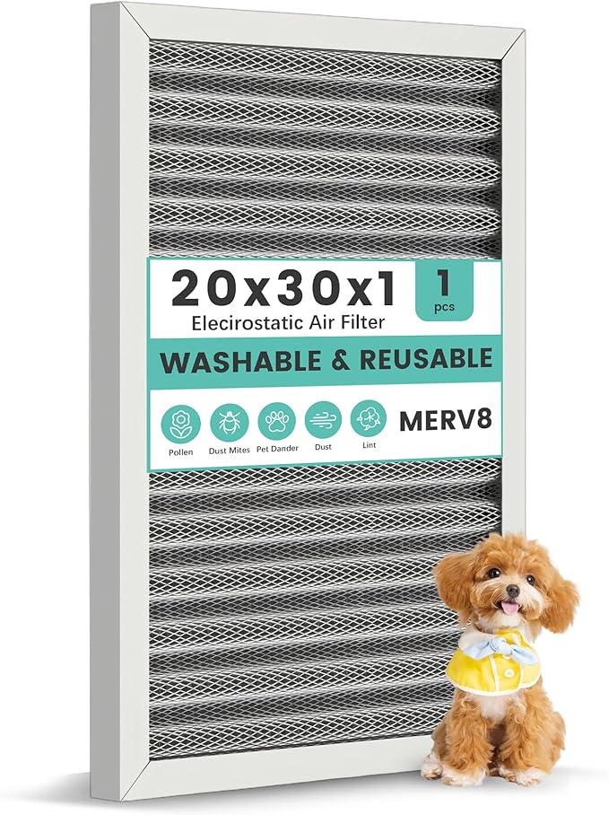 20x30x1 Reusable HVAC Furnace Air Filter, Washable Electrostatic Furnace Filter, MERV 8, Lasts a Lifetime, Breathe Fresher, Home And Office (Actual Size: 19.5x29.65x0.82 Inch)