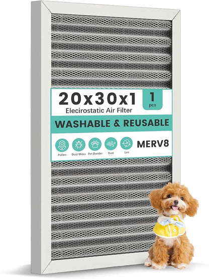 20x30x1 Reusable HVAC Furnace Air Filter, Washable Electrostatic Furnace Filter, MERV 8, Lasts a Lifetime, Breathe Fresher, Home And Office (Actual Size: 19.5x29.65x0.82 Inch)