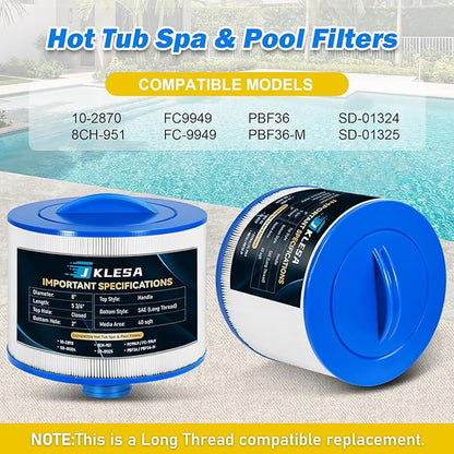 Spa Filter Compatible with 2013+ (Long Thread) Bullfrog/Wellspring 10-2870, Unicel 8CH-951, Pleatco PBF36/PBF36-M, FC9949/FC-9949, SD-01324, SD-01325, Bullfrog 35 Hot Tub Cartridge, 2 Pack