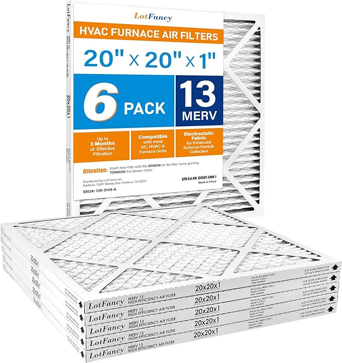 LotFancy 20x20x1 Air Filter MERV 13 6-Pack, Electrostatic Pleated HVAC Furnace Air Filter, Captures Pet Dander Smog Smoke, Actual Size: 19.75"x19.75"x0.75"