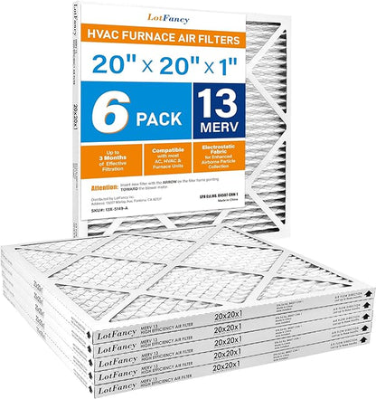 LotFancy 20x20x1 Air Filter MERV 13 6-Pack, Electrostatic Pleated HVAC Furnace Air Filter, Captures Pet Dander Smog Smoke, Actual Size: 19.75"x19.75"x0.75"