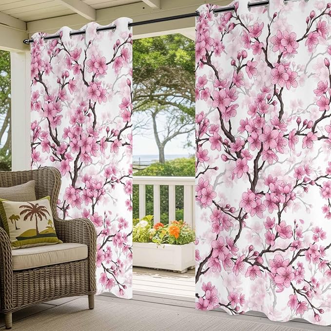 Cherry Flowers Outdoor Curtains for Patio Spring Flower Vintage Watercolor Waterproof Outside Curtains with Grommet Top Weatherproof Curtain for Cabana Pergola Gazebo, 2 Pack, 54" W x 95" L