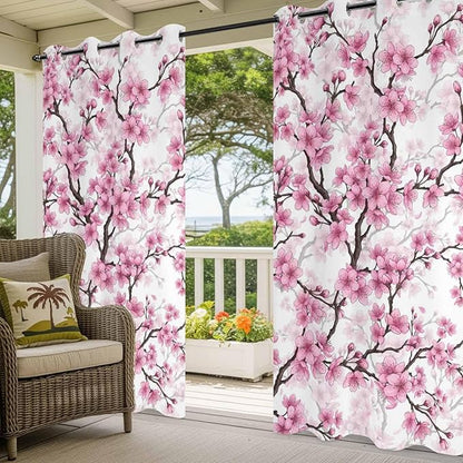 Cherry Flowers Outdoor Curtains for Patio Spring Flower Vintage Watercolor Waterproof Outside Curtains with Grommet Top Weatherproof Curtain for Cabana Pergola Gazebo, 1 Panel, 54" W x 84" L